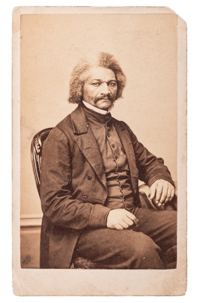 African American social reformer, abolitionist, orator, writer and statesman Frederick Douglass (1818-1895) is shown in this 1864 CDV by Samuel Montague Fassett pictured wearing a dark, high-necked waistcoat and jacket looking at the camera with a piercing gaze, his hair beginning to grey. It went out at $7,500.